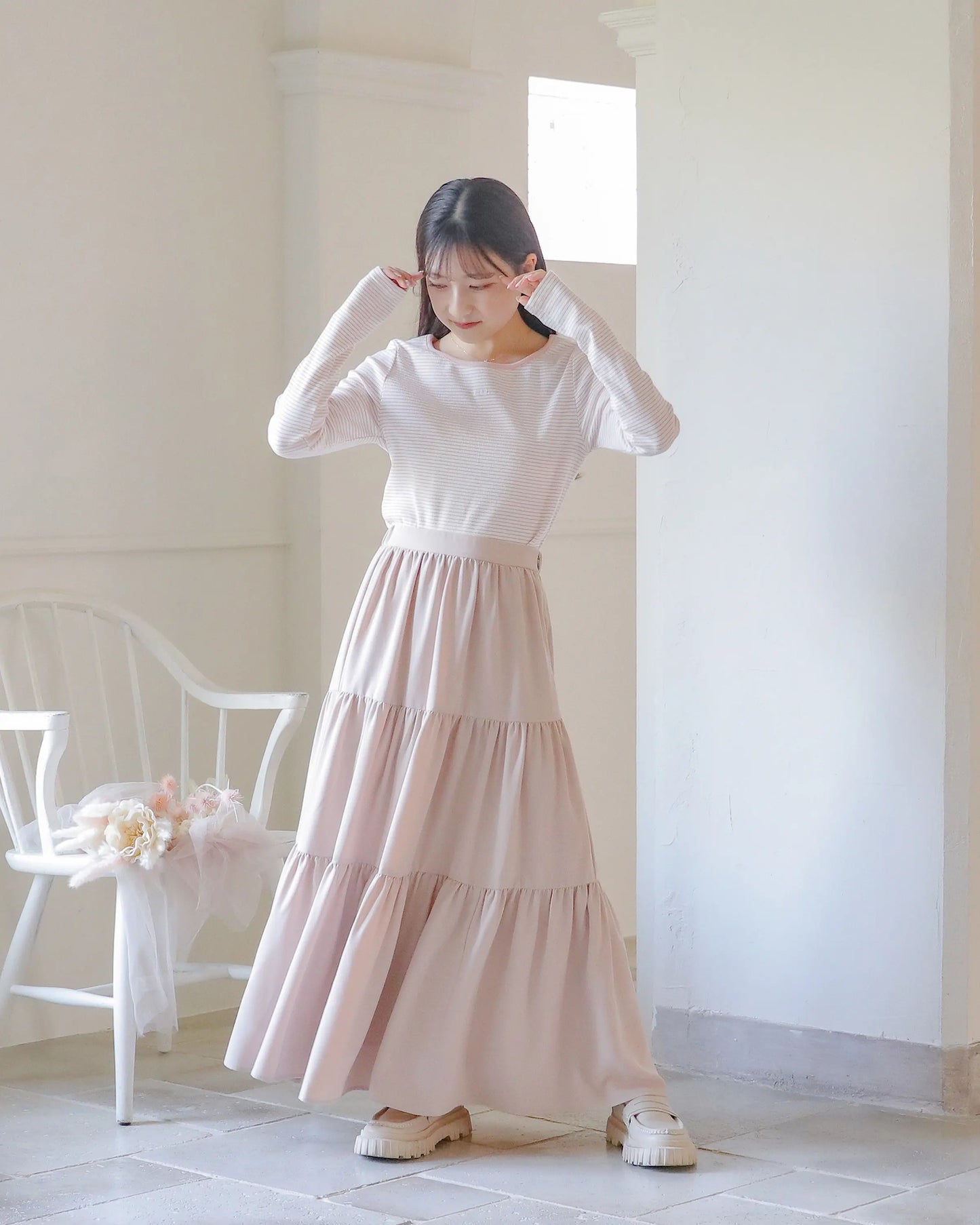 tiered chiffon skirt【pink beige】