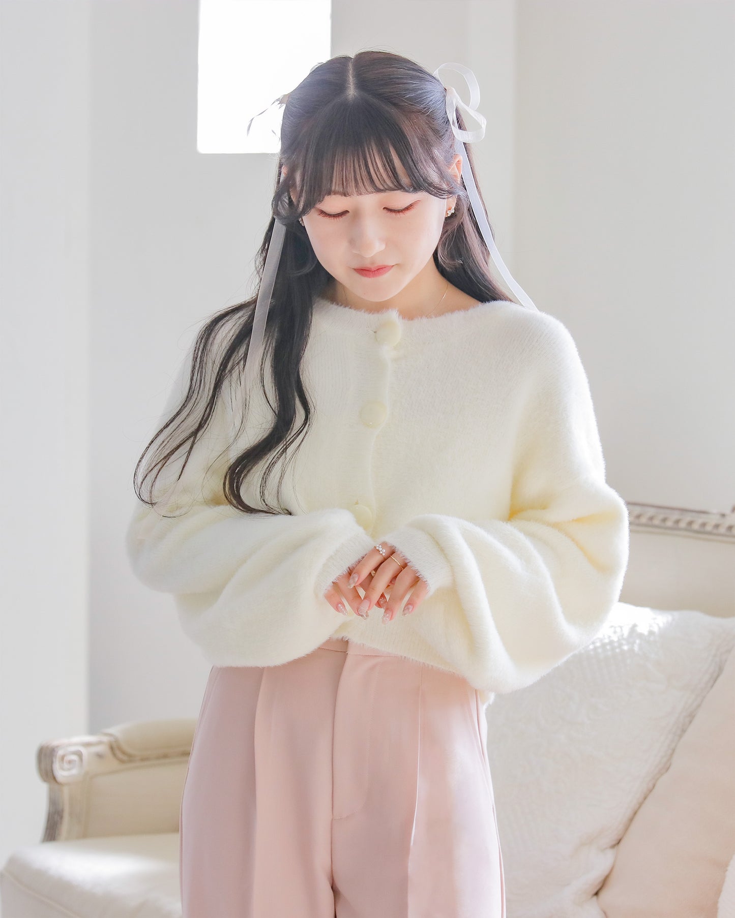 mohair short cardigan【marshmallow white】