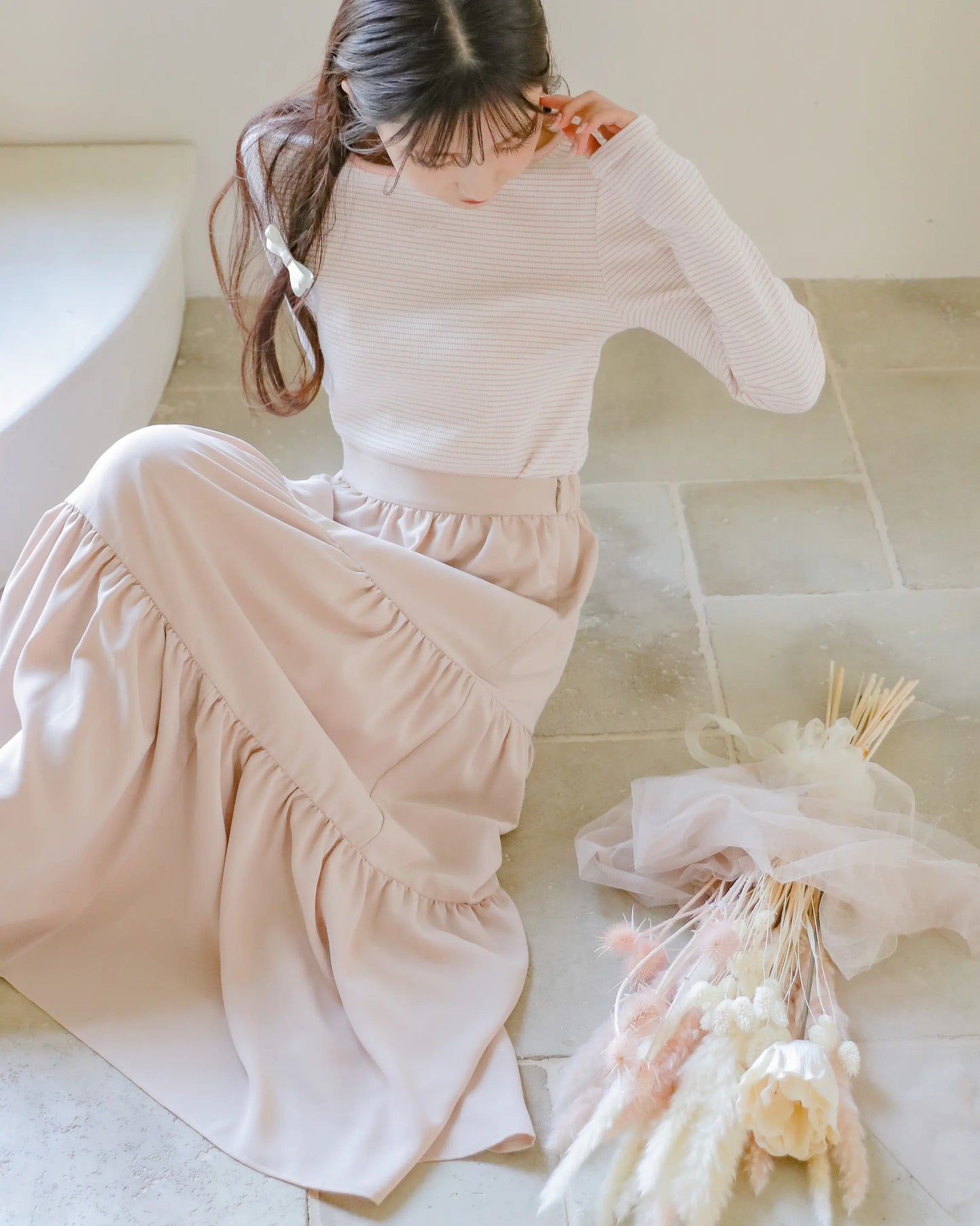 tiered chiffon skirt【pink beige】