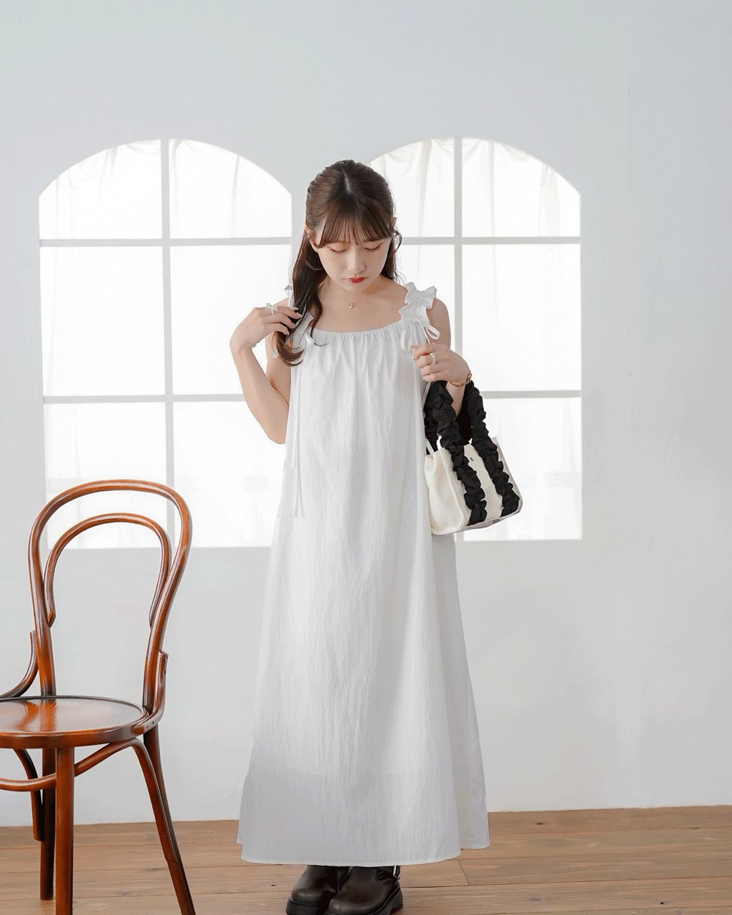 Gathered Ribbon strap Dress