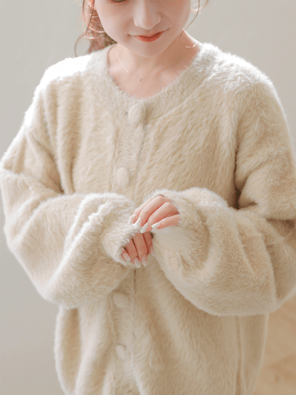 shaggy over cardigan