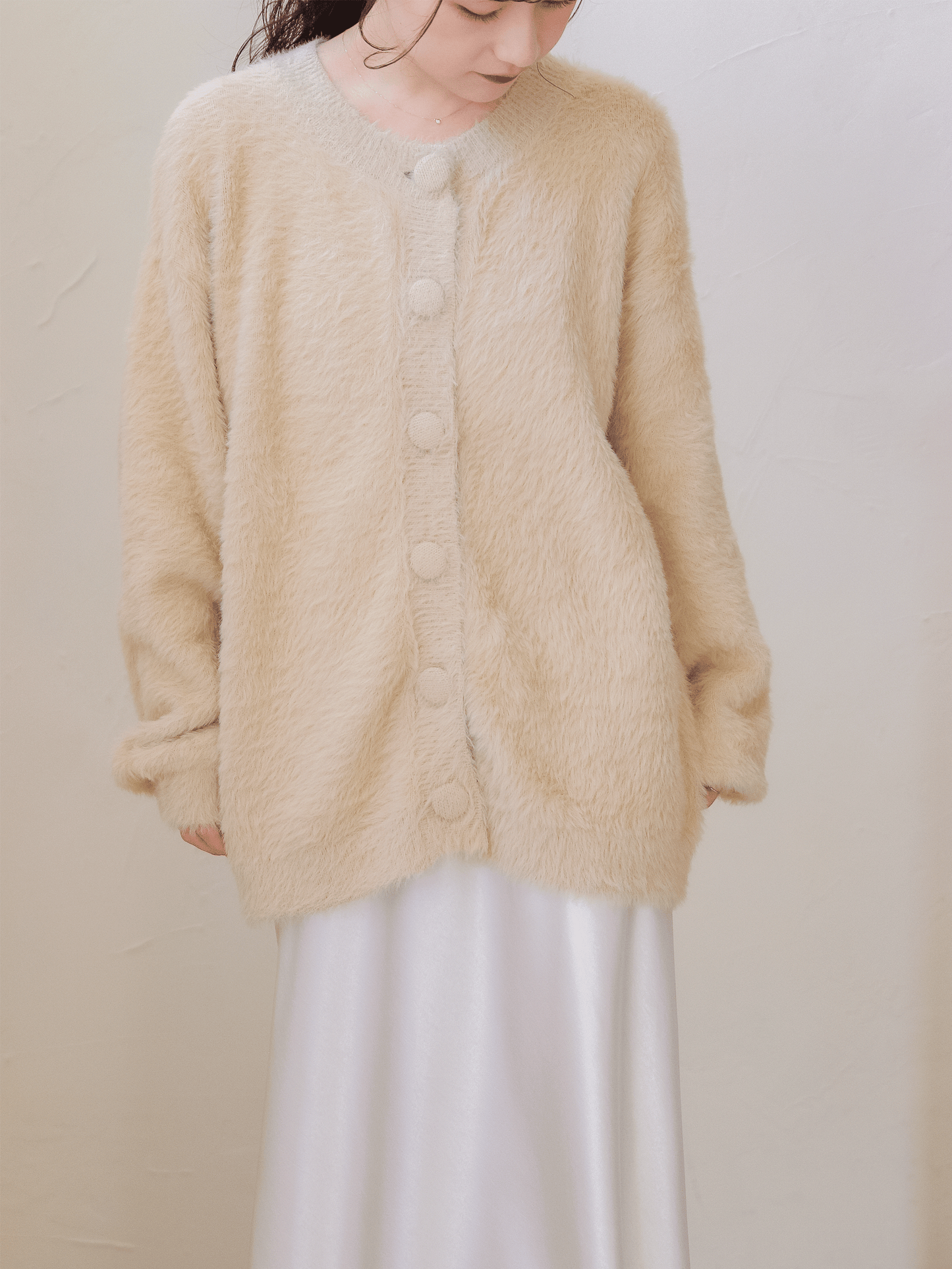 shaggy over cardigan