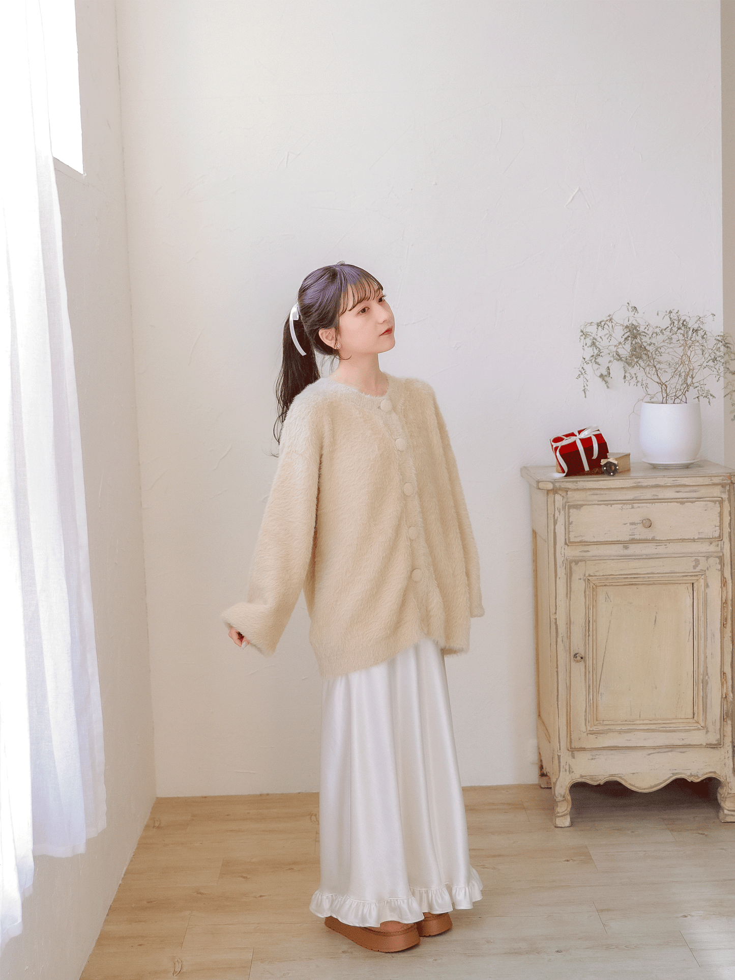 shaggy over cardigan