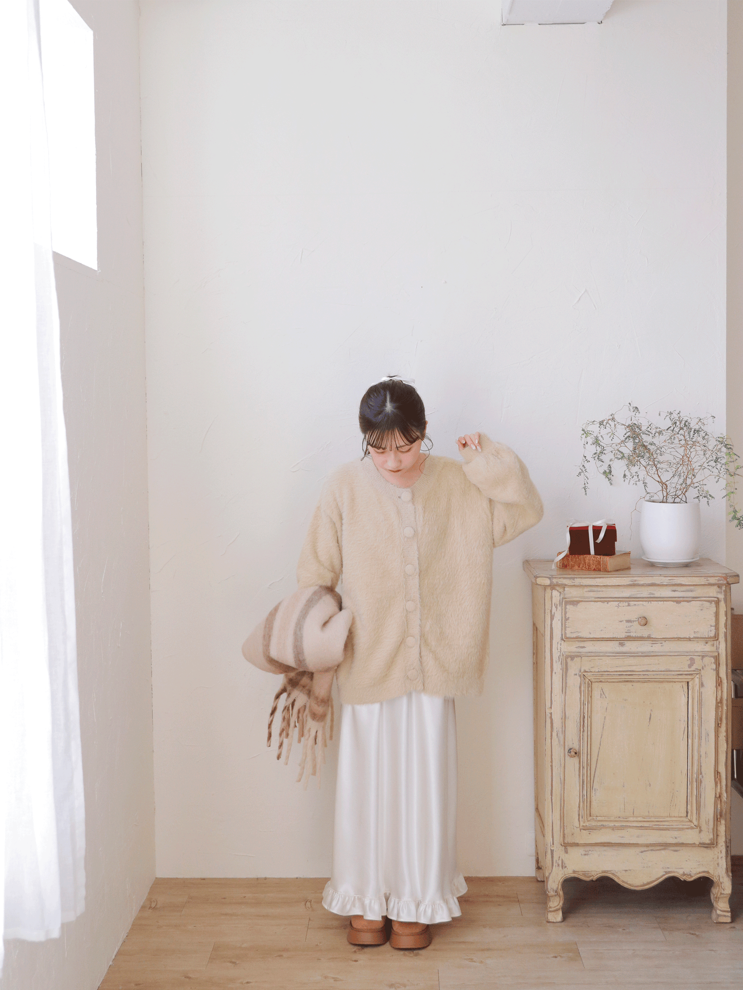 shaggy over cardigan